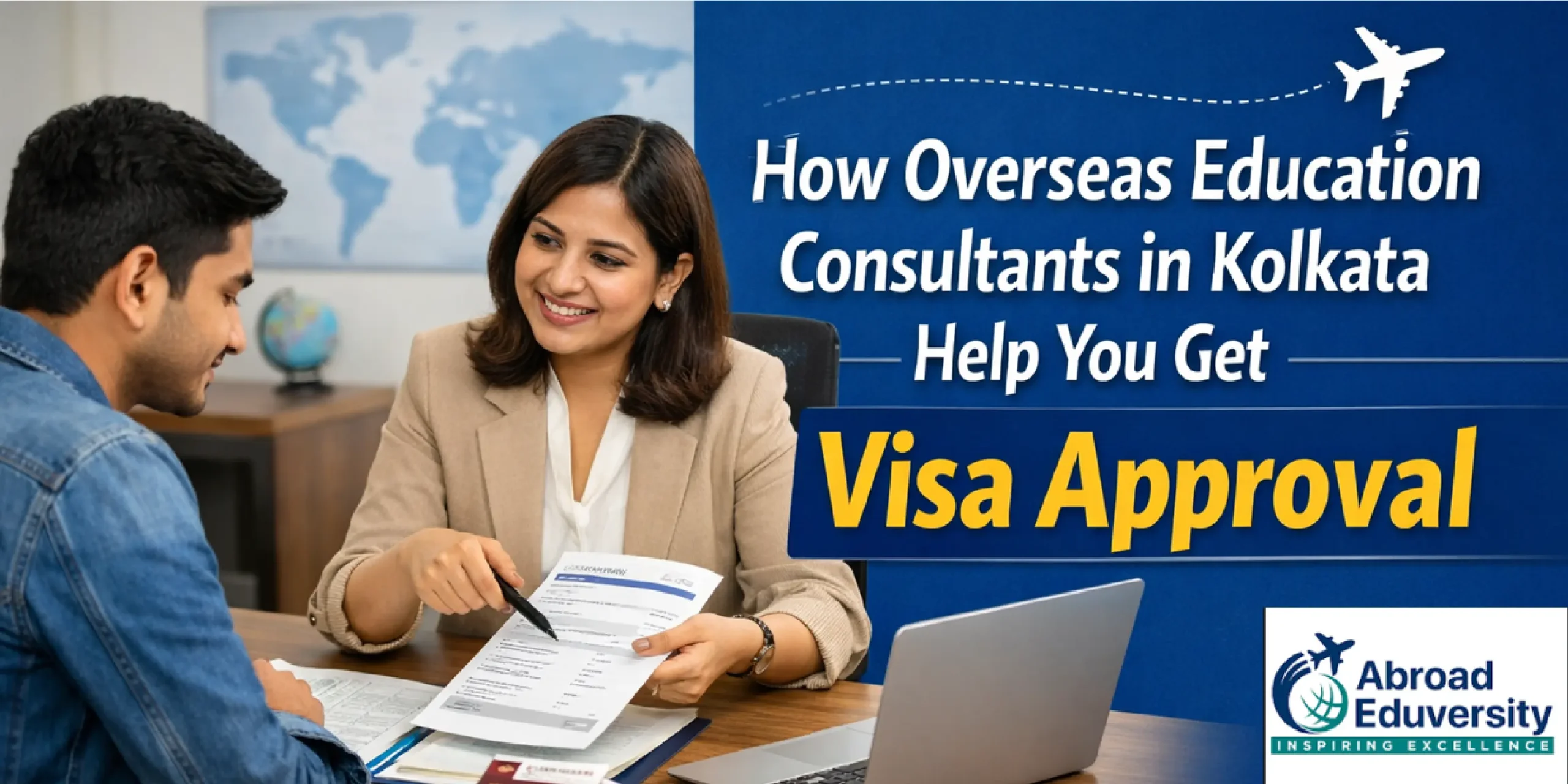 Overseas education consultants in Kolkata helping a student review visa documents for study abroad approval – Abroad Eduversity